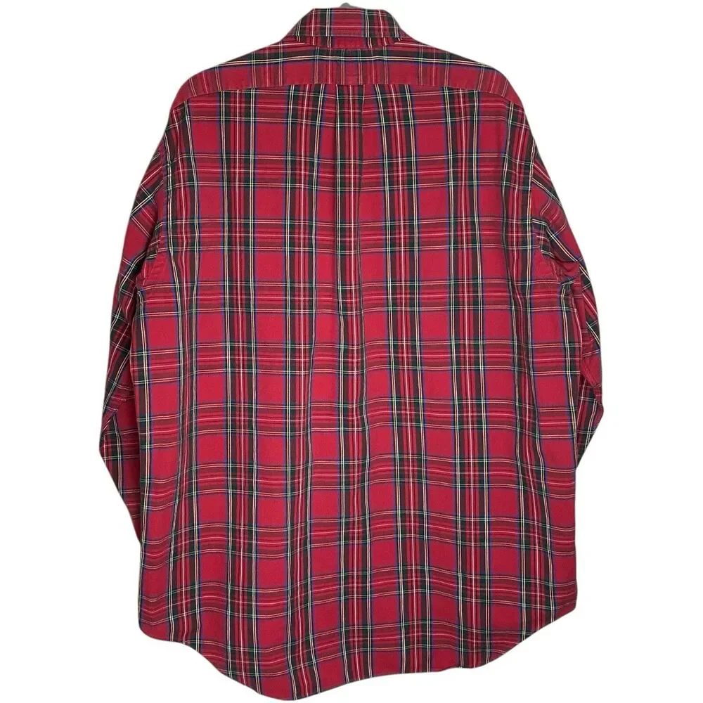 Vtg Polo Ralph Lauren Big Shirt Mens L Red Button Down Plaid Pony Preppy LS 90s